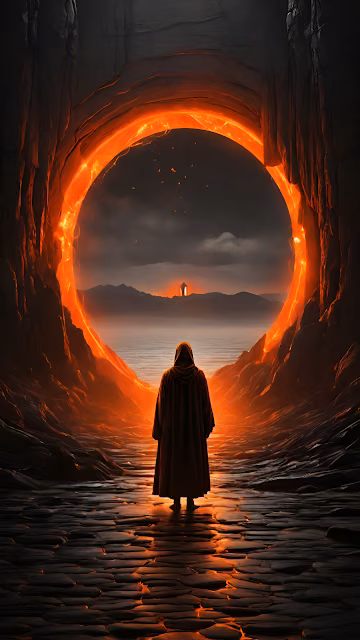 Hooded Figure Before Glowing Lava Portal to Distant Tower - Free 4K & 8K Mobile Wallpaper