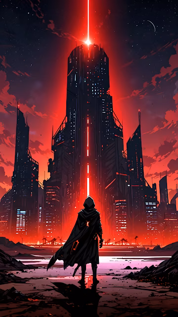Hooded Figure Before Towering Red-Lit Sci-Fi City - Free 4K & 8K Mobile Wallpaper
