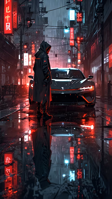 Hooded Figure Beside Futuristic Car in Rainy Cyberpunk Alley - Free 4K & 8K Mobile Wallpaper