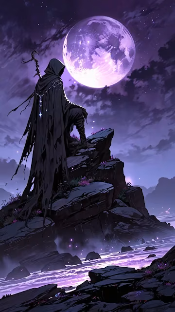 Hooded Figure on Cliff Under Purple Moon - Free 4K & 8K Mobile Wallpaper