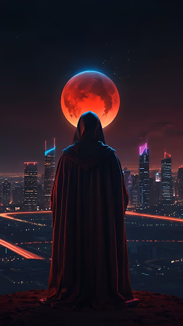 Hooded Figure Gazing at Blood Moon Over Neon City - Free 4K & 8K Mobile Wallpaper