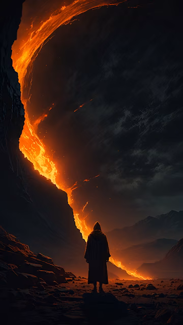 Hooded Figure Gazing at Lava River Under Stormy Sky - Free 4K & 8K Mobile Wallpaper