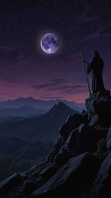 Hooded Figure Gazing at Purple Moon on Cliff - Free 4K & 8K Mobile Wallpaper