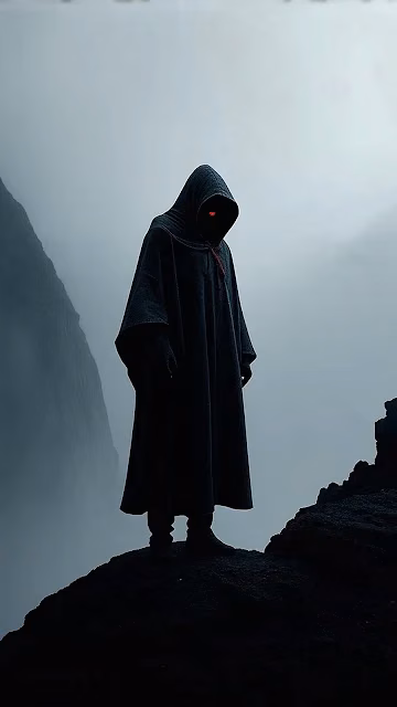 Hooded Figure with Glowing Red Eye on Cliff - Free 4K & 8K Mobile Wallpaper