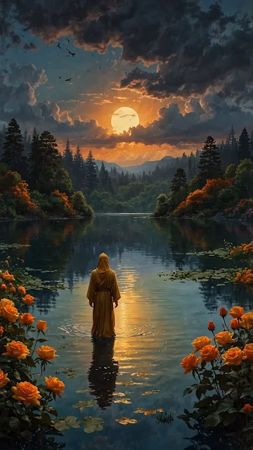 Hooded Figure in Lake at Sunset with Orange Roses - Free 4K & 8K Mobile Wallpaper