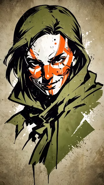 Hooded figure with orange and white face paint in gritty art style - Free 4K & 8K Mobile Wallpaper