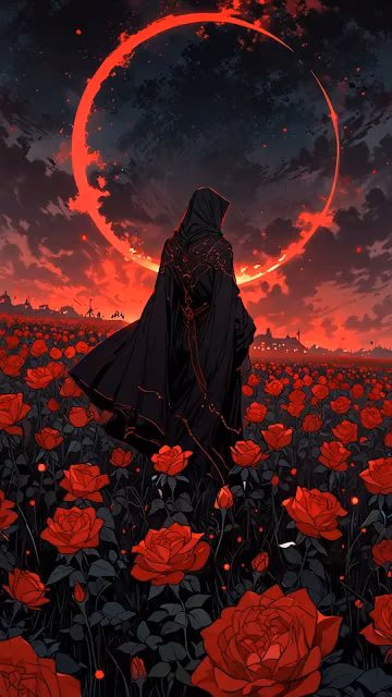 Hooded Figure in Red Rose Field Under Blood Moon - Free 4K & 8K Mobile Wallpaper