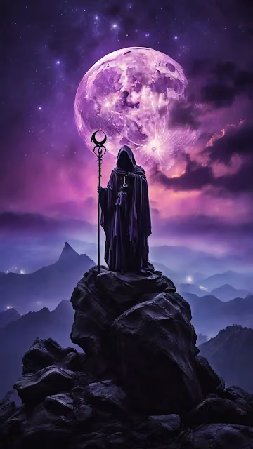 Hooded Figure with Staff Under Purple Moon - Free 4K & 8K Mobile Wallpaper