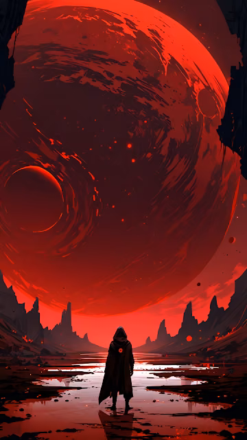 Hooded Figure Under Giant Red Planet on Alien World - Free 4K & 8K Mobile Wallpaper