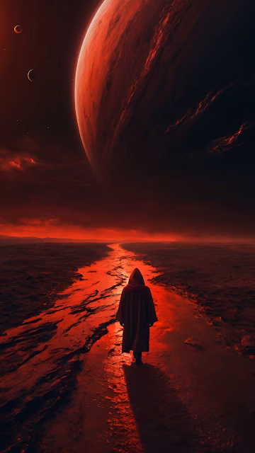 Hooded Figure Walking Beneath Giant Red Planet at Dusk - Free 4K & 8K Mobile Wallpaper