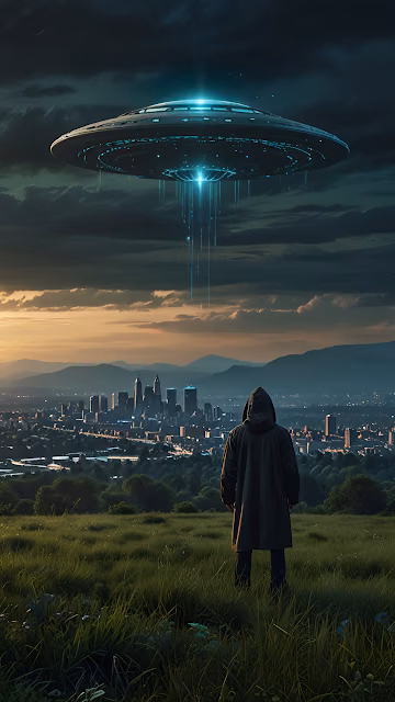 Hooded Figure Watching UFO Hover Over City at Dusk - Free 4K & 8K Mobile Wallpaper