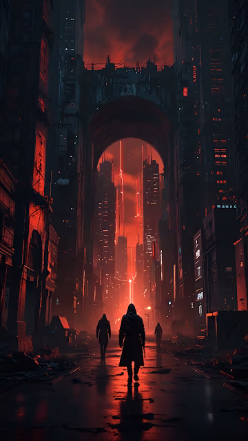 Hooded Figures Walking Dystopian Cyberpunk City Red Glow - Free 4K & 8K Mobile Wallpaper