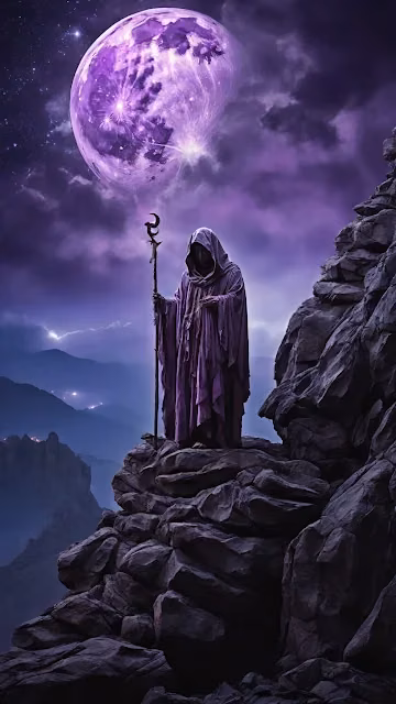 Hooded Mage with Staff Under Purple Moon - Free 4K & 8K Mobile Wallpaper