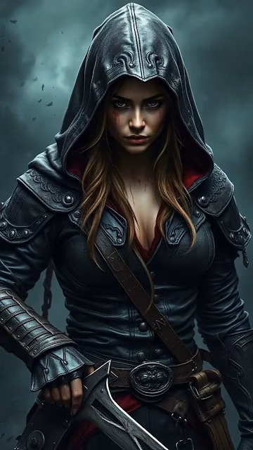 Hooded warrior with blood streaks holds blade under stormy sky - Free 4K & 8K Mobile Wallpaper