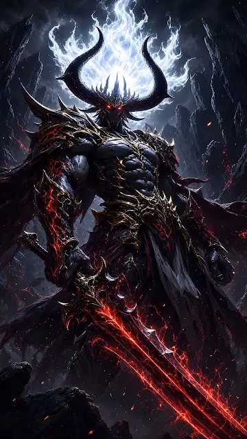 Towering horned demon king clad in dark ornate armor holding a glowing red blade amid spectral fire.