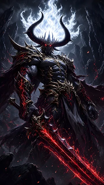 Towering demonic knight in spiked armor wielding a glowing red magma greatsword. Towering horned demon king clad in dark ornate armor holding a glowing red blade amid spectral fire.