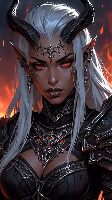 Horned elf with silver hair and crimson eyes in dark armor - Free 4K & 8K Mobile Wallpaper