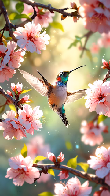Hummingbird Amidst Pink Cherry Blossoms Bokeh - Free 4K & 8K Mobile Wallpaper