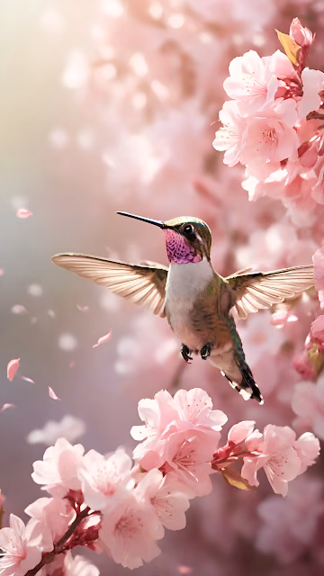 Hummingbird in Pink Cherry Blossoms, Spring Macro - Free 4K & 8K Mobile Wallpaper