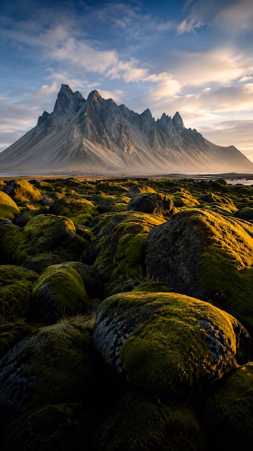 Iceland Mossy Volcanic Rocks Vestrahorn Mountain - Free 4K & 8K Mobile Wallpaper