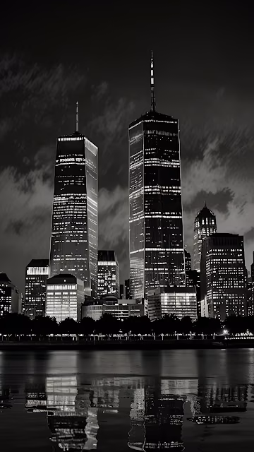 Iconic Twin Towers Cityscape Black and White Night View - Free 4K & 8K Mobile Wallpaper