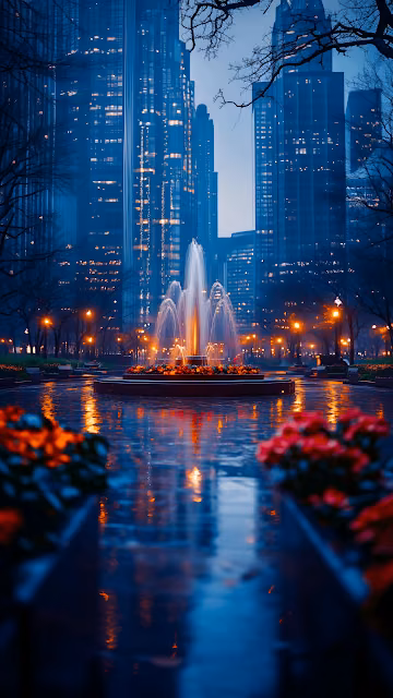 Illuminated Fountain in Urban Park at Twilight - Free 4K & 8K Mobile Wallpaper