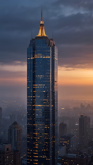 Illuminated Skyscraper at Twilight Over Cityscape - Free 4K & 8K Mobile Wallpaper