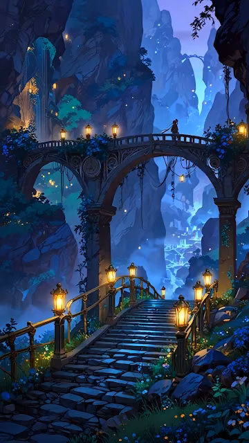 Illuminated Stone Bridge in a Magical Blue Canyon - Free 4K & 8K Mobile Wallpaper