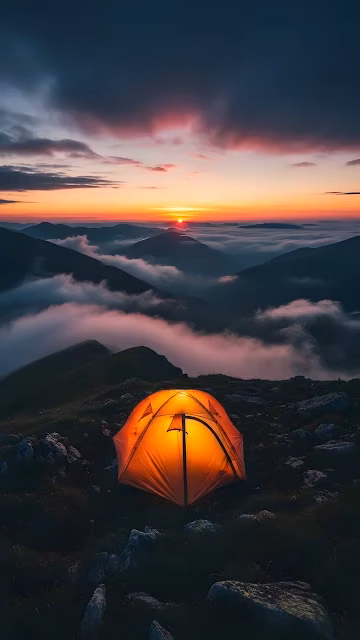 Illuminated Tent on Mountain Peak at Dramatic Sunset - Free 4K & 8K Mobile Wallpaper