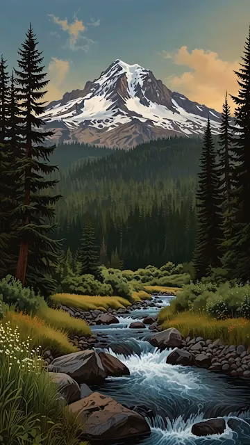 Illustrated Mountain Peak, Pine Forest, and Rushing River Scene - Free 4K & 8K Mobile Wallpaper