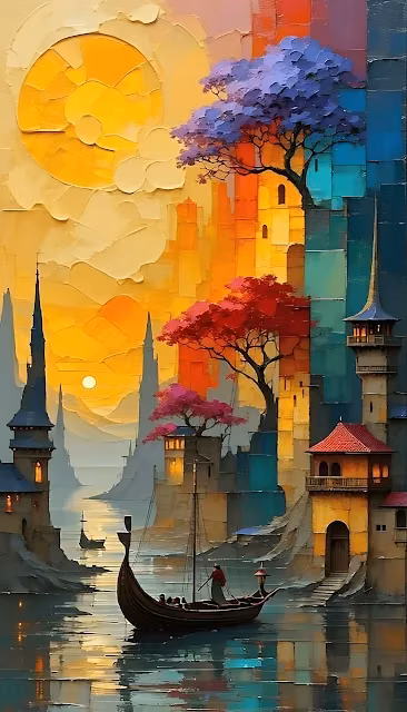 Impasto Fantasy Cityscape with Vibrant Color Blocks - Free 4K & 8K Mobile Wallpaper
