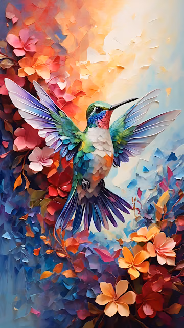 Impasto Hummingbird Painting Vibrant Floral Texture - Free 4K & 8K Mobile Wallpaper