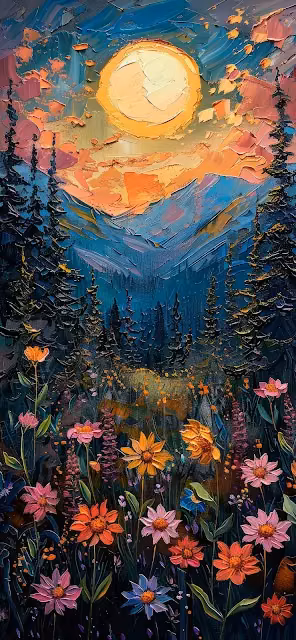 Impasto Painting Vibrant Wildflowers Forest Sunset Texture - Free 4K & 8K Mobile Wallpaper