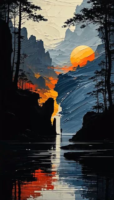 Impasto Sunset Gorge Reflection Oil Painting Style Art - Free 4K & 8K Mobile Wallpaper