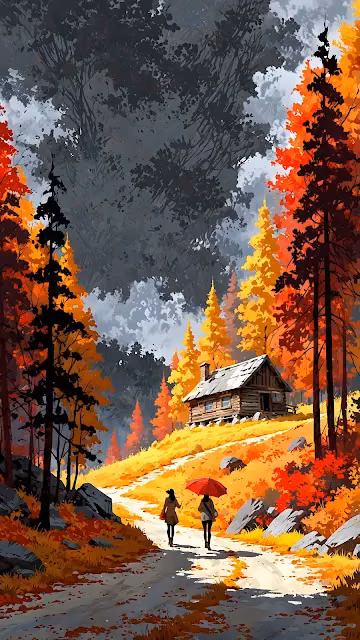 Impressionist Autumn Forest Cabin Painting with Red Umbrella - Free 4K & 8K Mobile Wallpaper