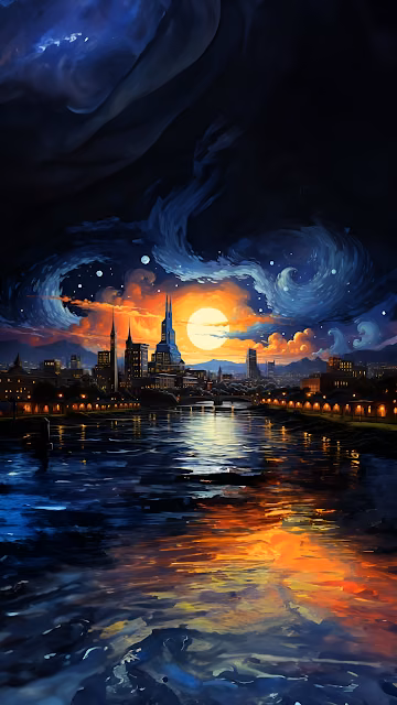 Impressionist Cityscape River Sunset Swirling Night Sky Painting - Free 4K & 8K Mobile Wallpaper