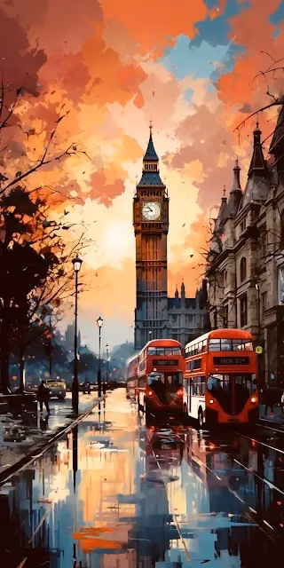 Impressionist London Sunset Big Ben Double Decker Buses - Free 4K & 8K Mobile Wallpaper