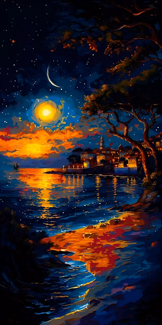 Impressionist Night Seascape Coastal Village Painting - Free 4K & 8K Mobile Wallpaper