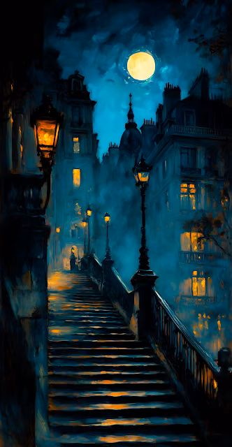 Impressionist Night Stairs in Foggy European Cityscape - Free 4K & 8K Mobile Wallpaper
