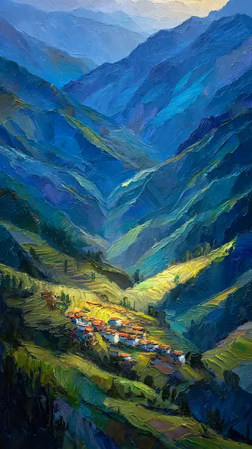 Impressionist Valley Village Oil Painting Mountain View - Free 4K & 8K Mobile Wallpaper