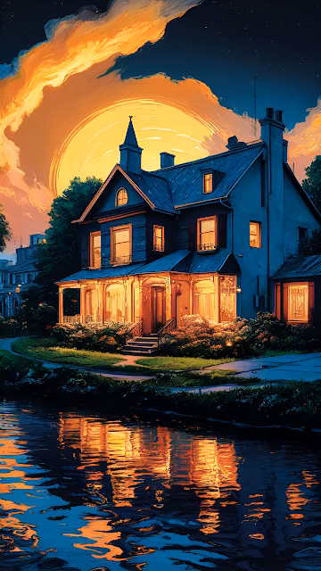 Impressionist Victorian Mansion Sunset Reflection Painting - Free 4K & 8K Mobile Wallpaper