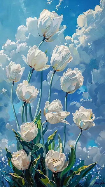 Impressionist White Tulips Blue Sky Oil Painting Art - Free 4K & 8K Mobile Wallpaper