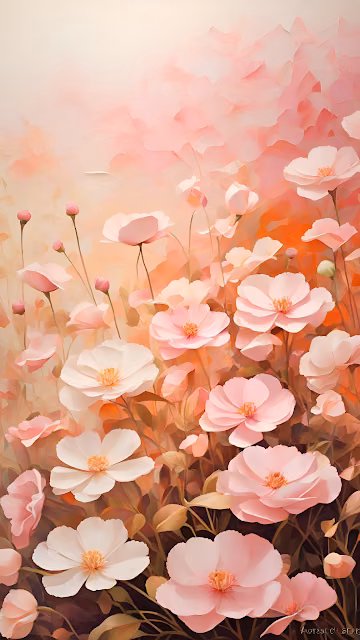 Impressionistic Pink and Peach Spring Flower Meadow Painting - Free 4K & 8K Mobile Wallpaper