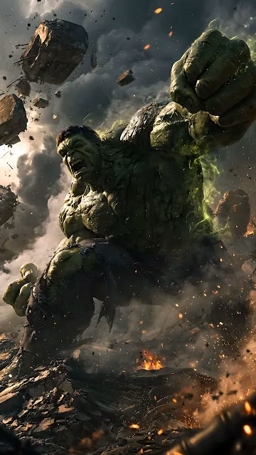 The Incredible Hulk roars furiously while smashing the earth and sending massive boulders airborne. Muscular green Hulk roaring and striking the ground amid flying rock debris and green energy smoke.