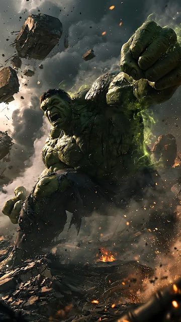 Muscular green Hulk roaring and striking the ground amid flying rock debris and green energy smoke.