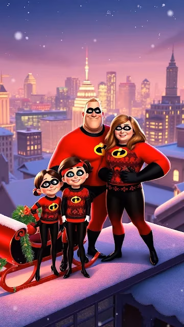 Incredibles Family on Snowy Rooftop at Dusk - Free 4K & 8K Mobile Wallpaper
