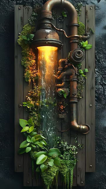 Industrial Biopunk Water Feature, Rusty Pipes and Green Moss - Free 4K & 8K Mobile Wallpaper