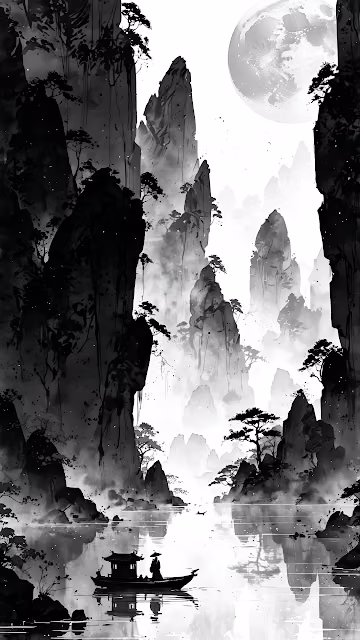 Ink Wash Landscape Asian Mountains Monochrome Full Moon - Free 4K & 8K Mobile Wallpaper