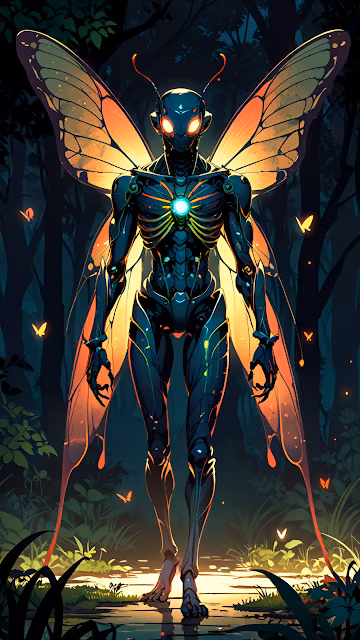 Insectoid Robot with Glowing Butterfly Wings in Dark Forest - Free 4K & 8K Mobile Wallpaper