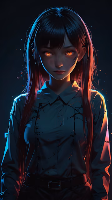 Intense Anime Girl Portrait with Fiery Orange Glowing Eyes - Free 4K & 8K Mobile Wallpaper